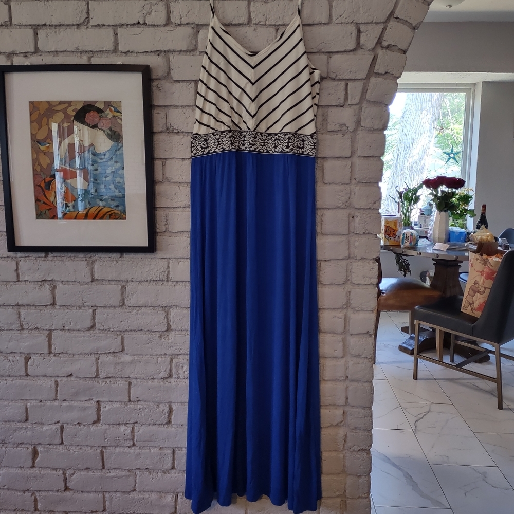 S.H.E chevron bodice with black and white waistband and royal blue shirt
